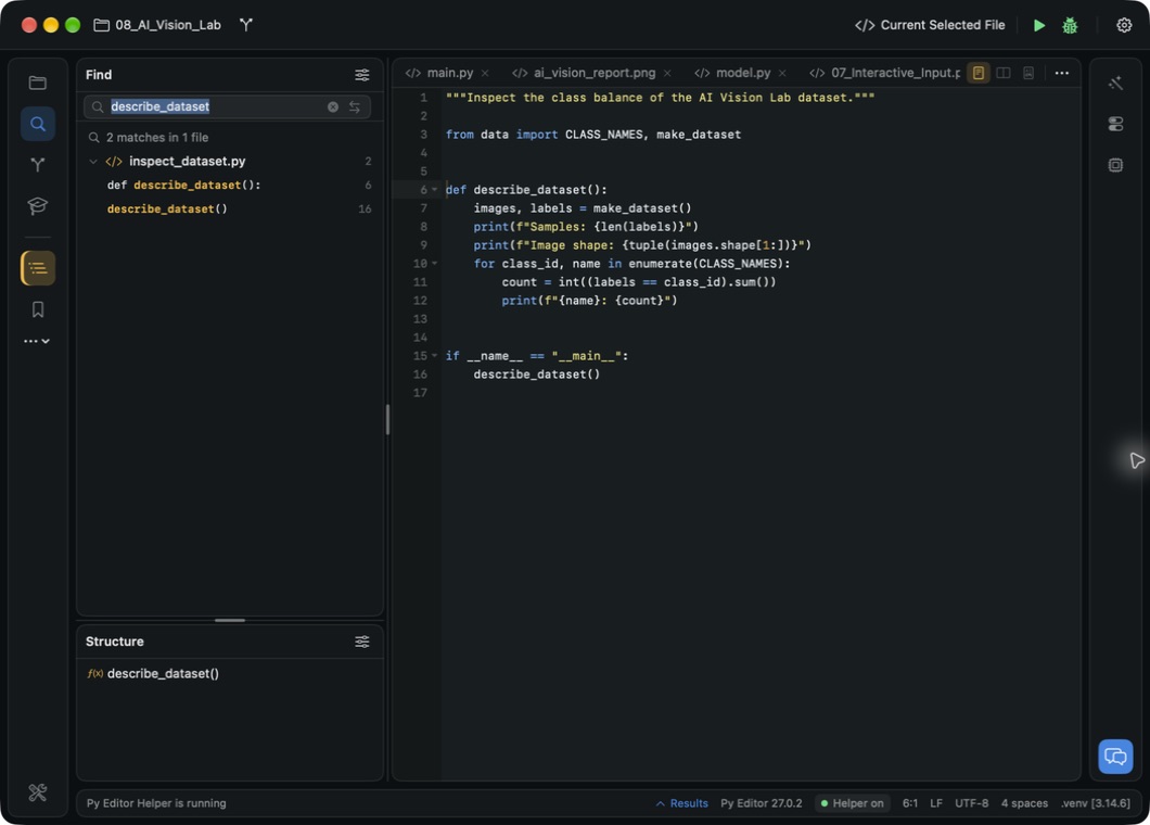 Project search results and source structure beside Python code