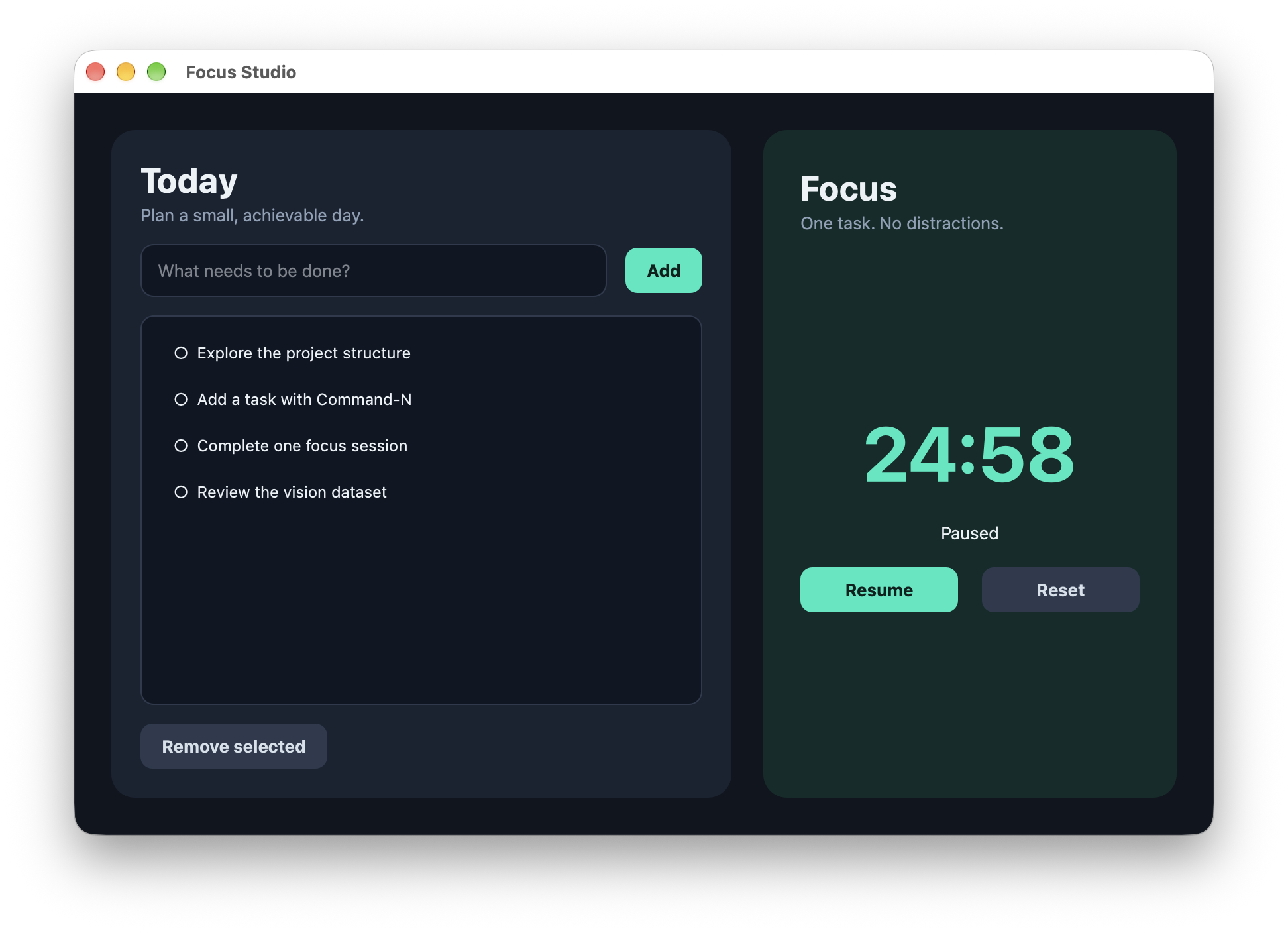 Focus Studio task list and paused timer created by the bundled Python example