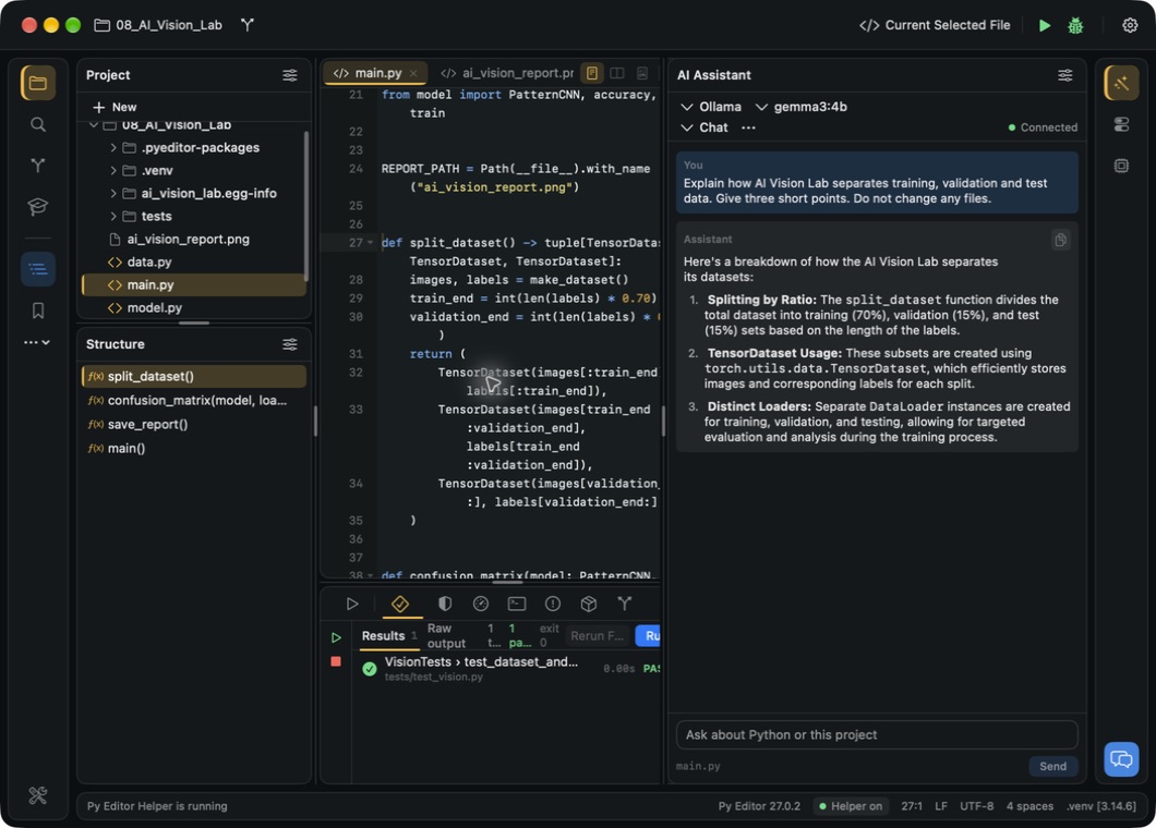 Local Ollama explanation beside the selected Python function