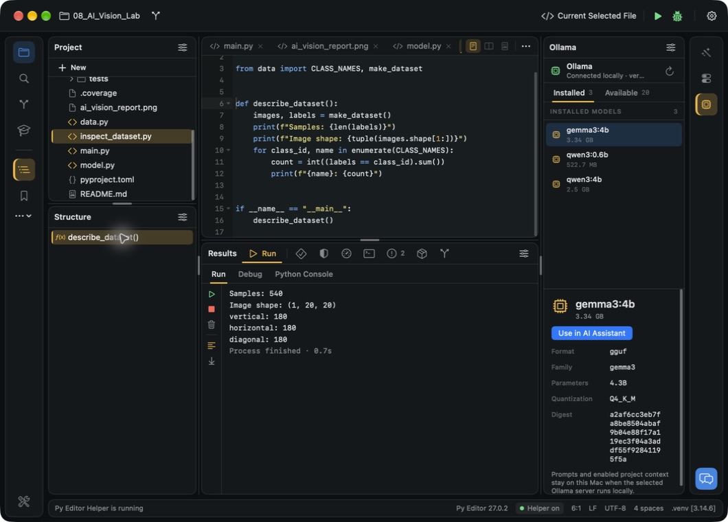 Py Editor on Mac with project files, Python source and output
